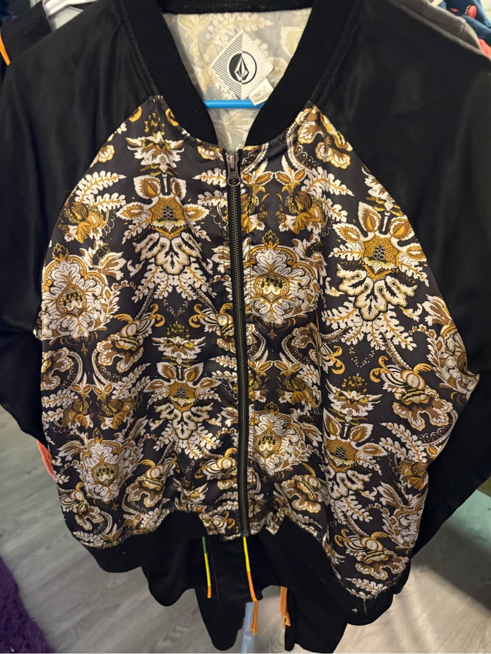 Volcom Black Bomber Jacket with Gold & Cream Baroque Print